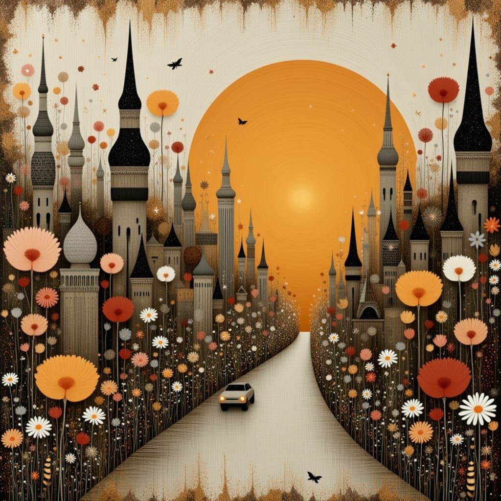 Vibrant Cityscape Sunset in Impasto and Ink Style