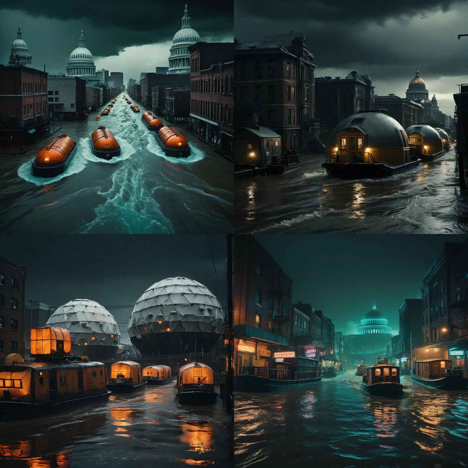 Hurricane-Ravaged City: River Barges with Dome Homes