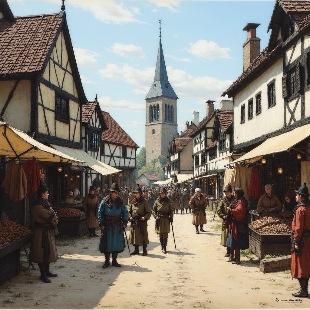 Medieval City Market Day in Oil Painting Style