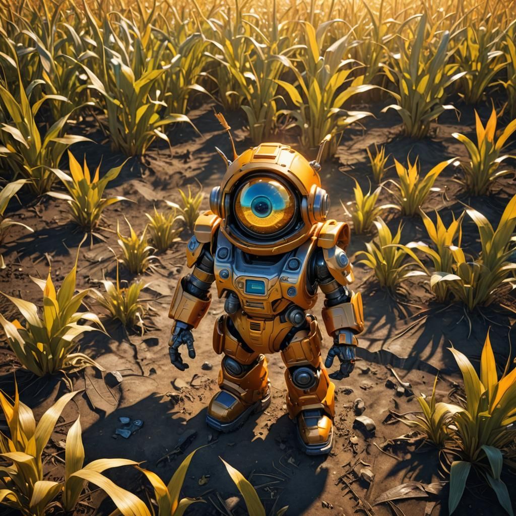 Sci-Fi Dwarf in Cornfield with Mechanical Details
