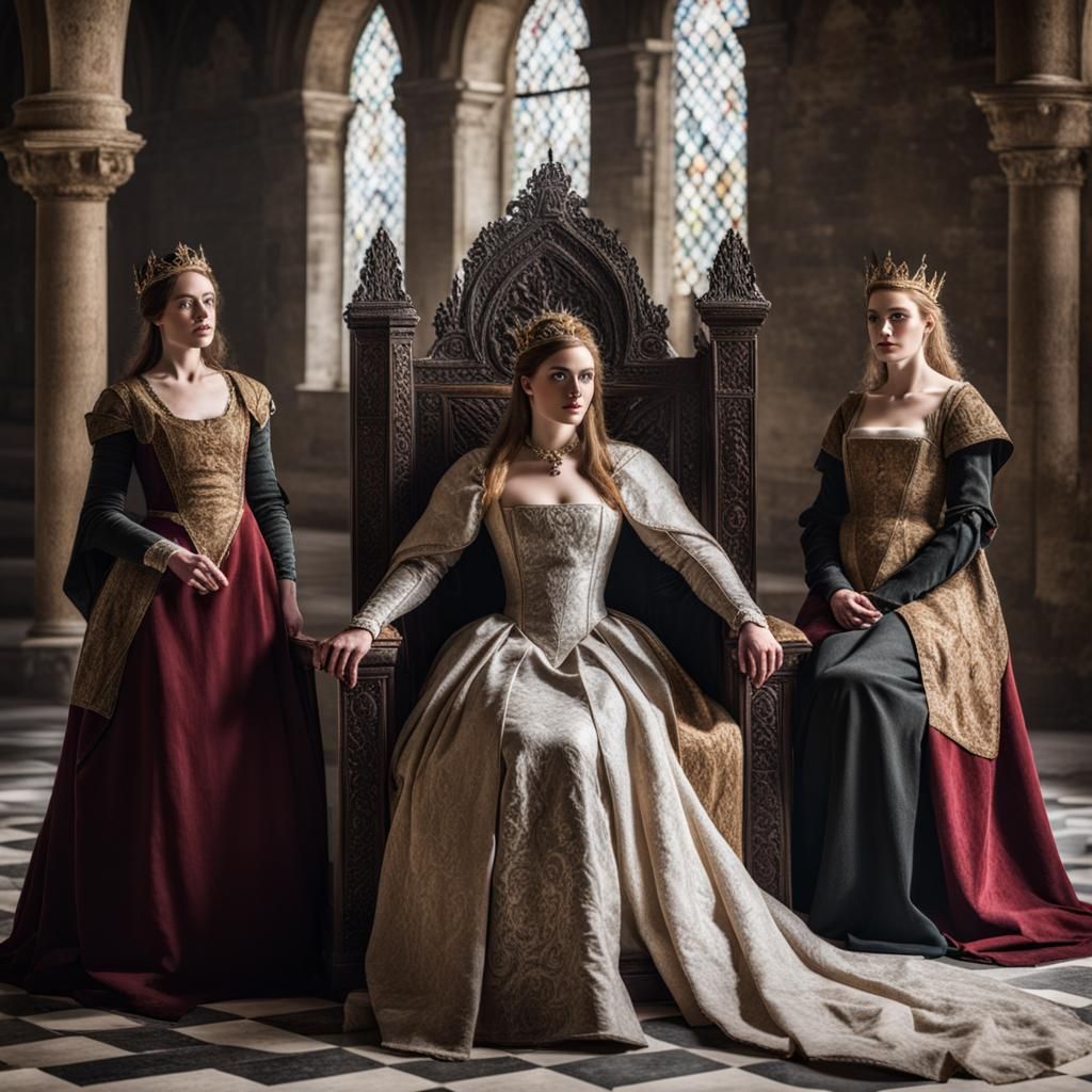 Medieval Queen on Throne with Maids