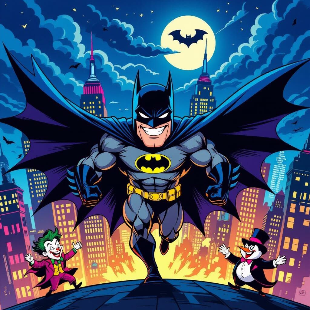 Batman Caricature Swinging Through Neon Gotham