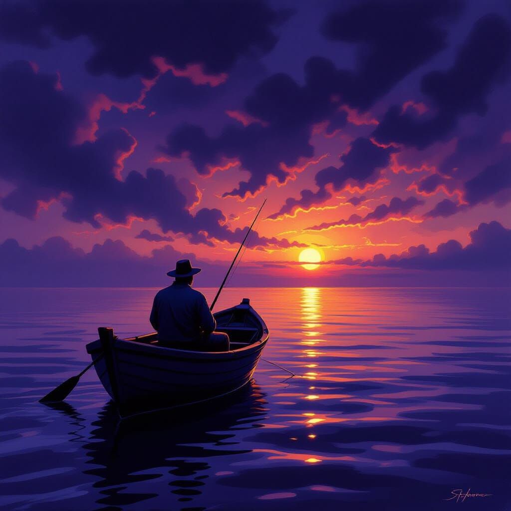 Lone Fisherman at Dramatic Dark Sunrise