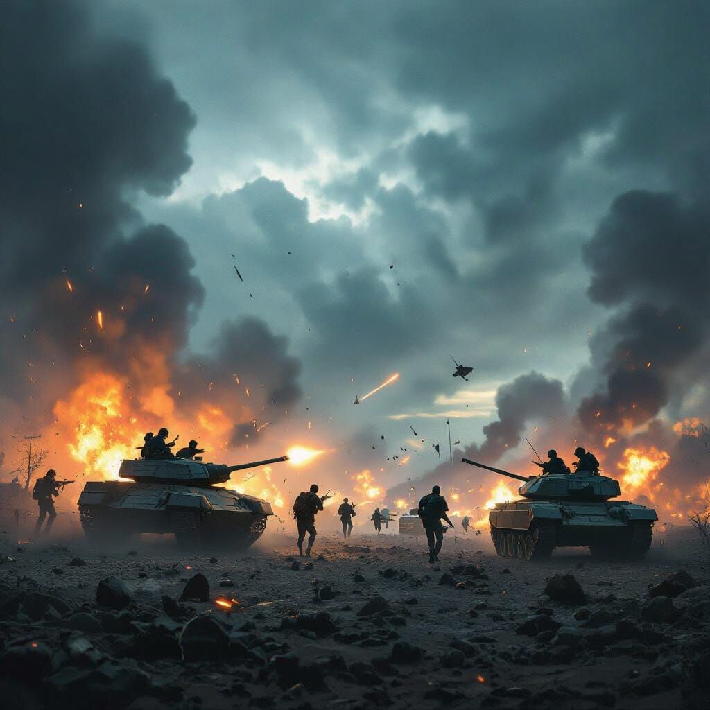 Intense War Scene with Tanks and Explosions