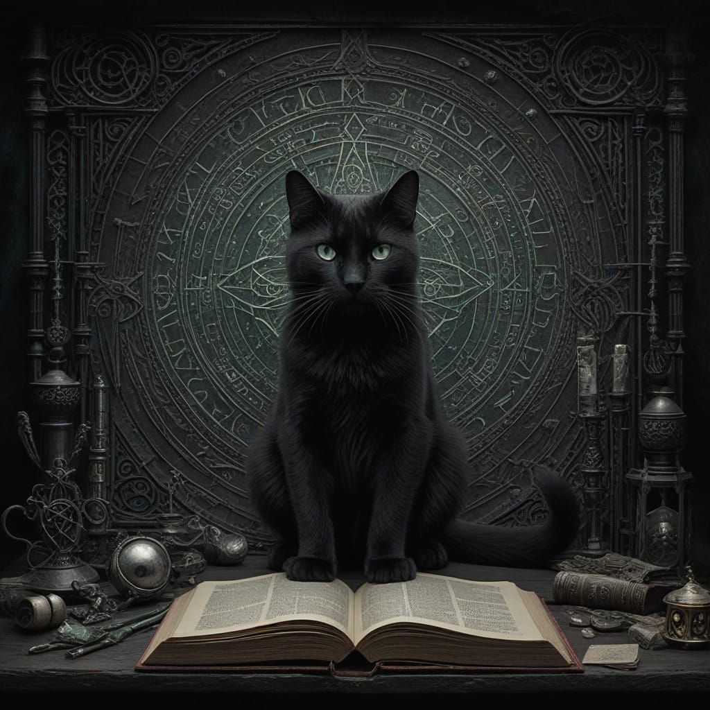 Mysterious Occultist Cat in Charcoal Drawing Style