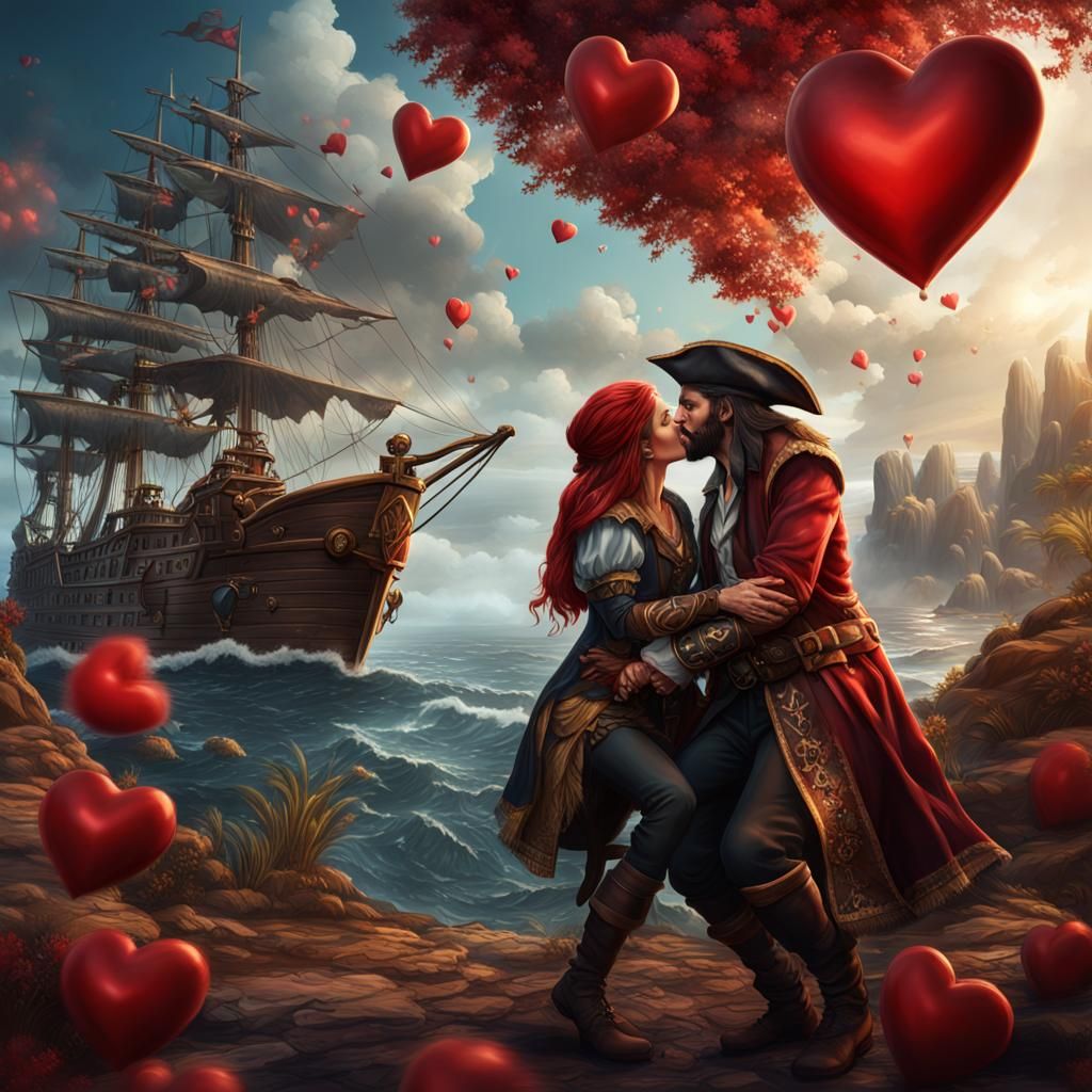 Passionate Pirate and Wizard Kiss in Detailed Digital Art