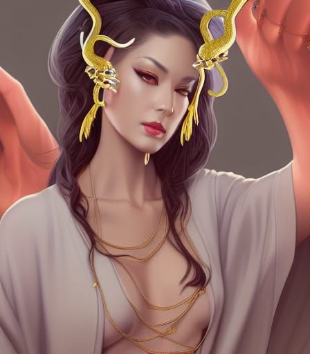 Striking Woman with Snake Earrings, Digital Art