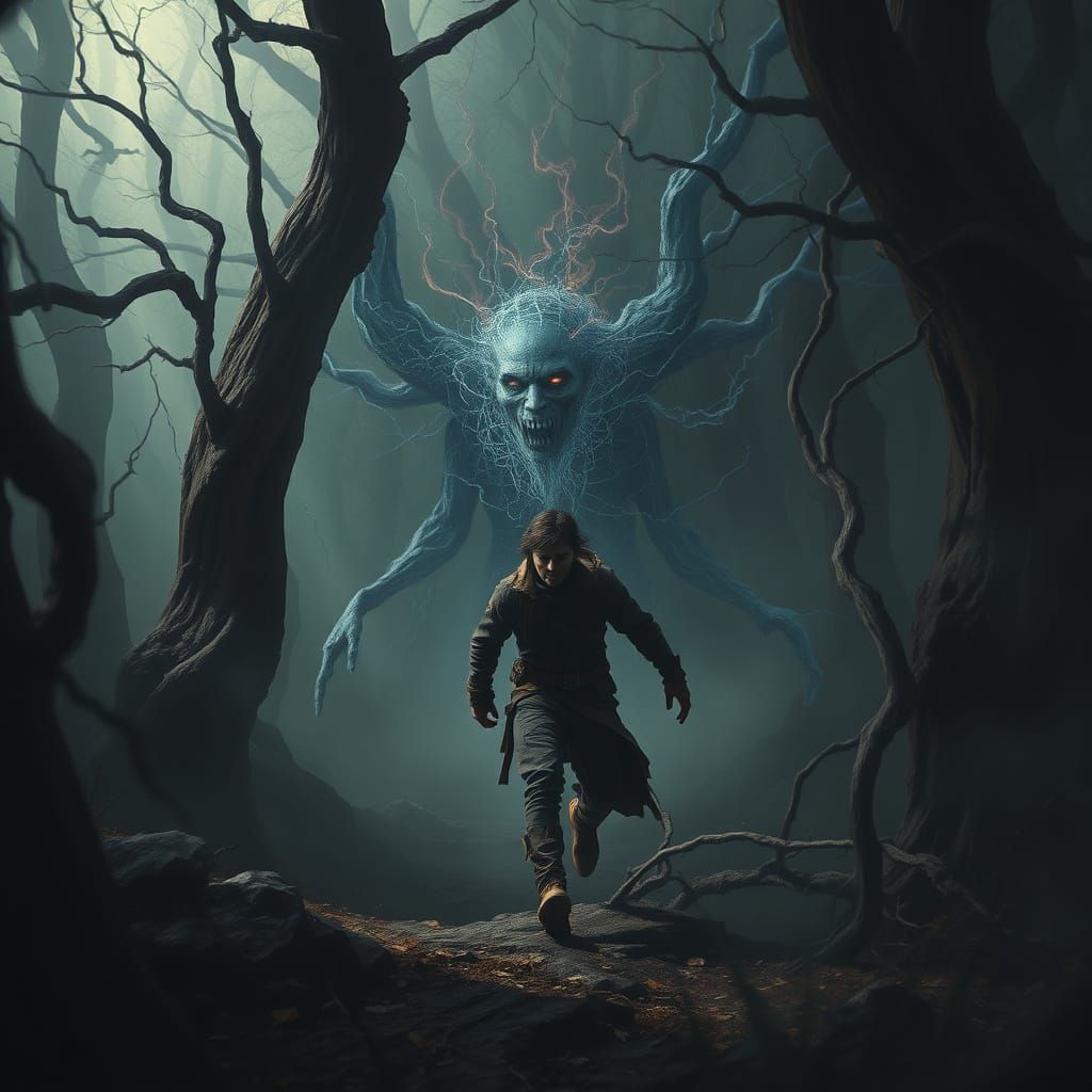 Figure Pursued by Spectral Accuser in Dark Forest