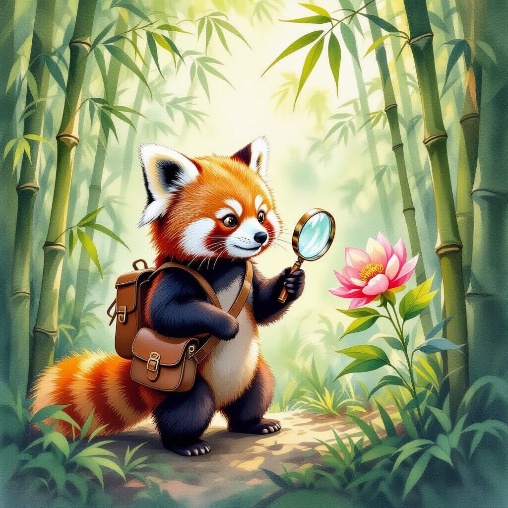Red Panda Explorer in Bamboo Forest - Gouache Painting