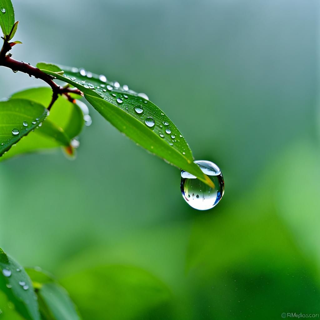 “A raindrop inside a raindrop reflecting a tree in the rain”