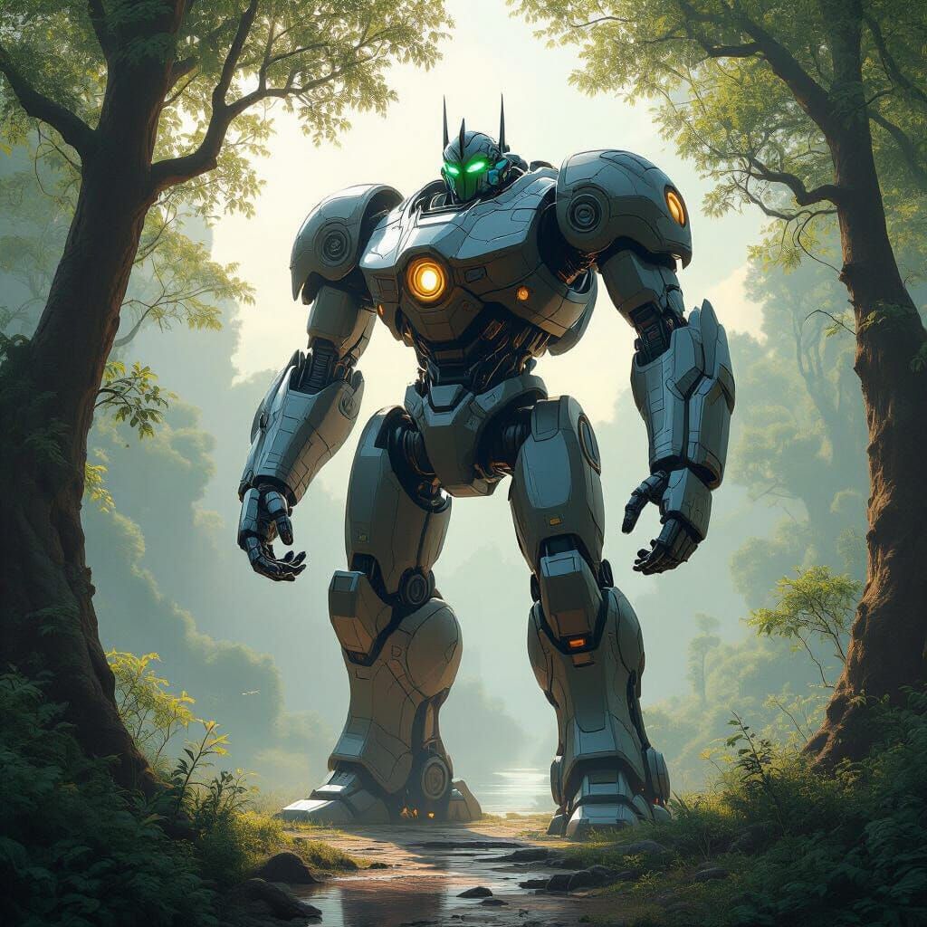 Art Nouveau Robot Sentinel in Harmonious Landscape