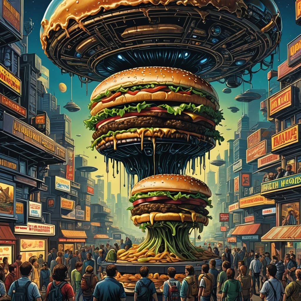 Venus Billboard: Alien Hamburger Ad in Comic Book Style