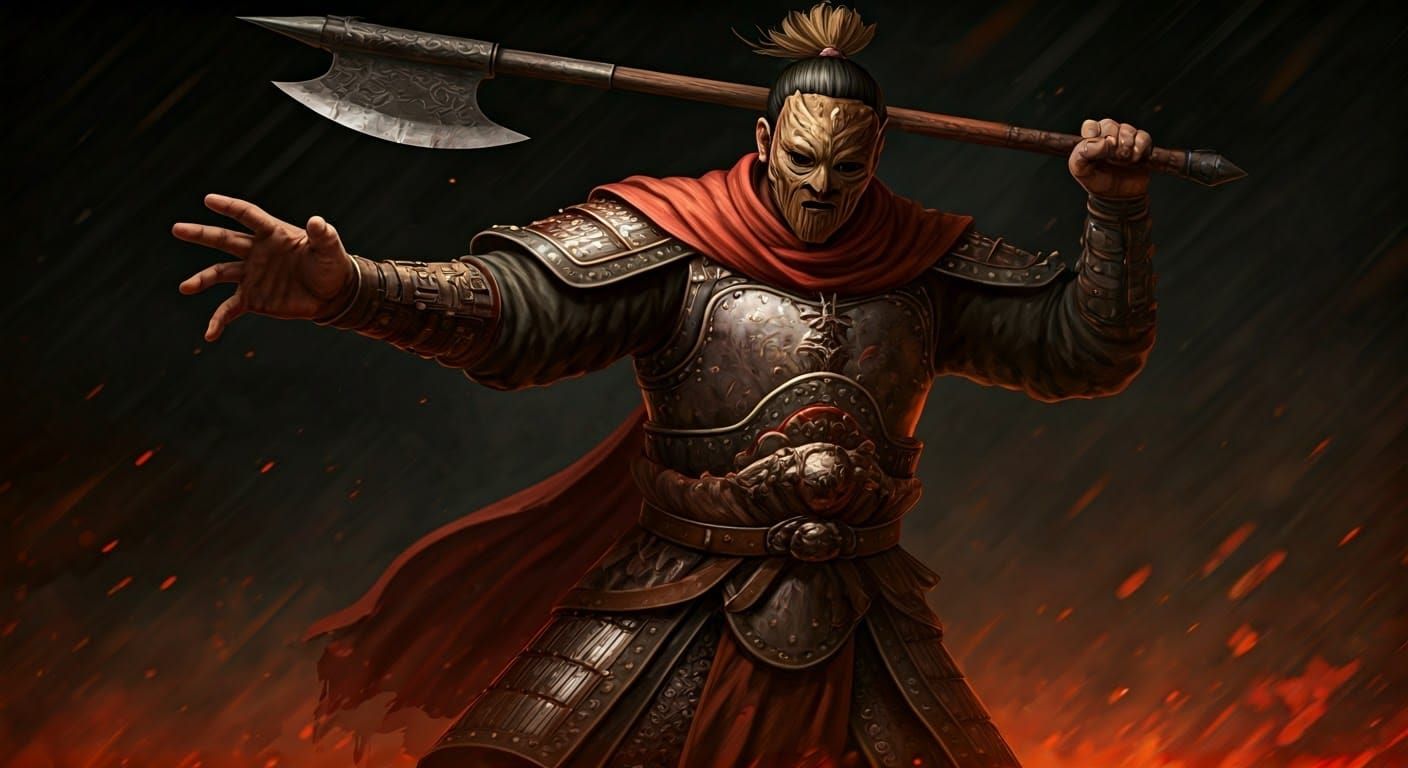 Chinese Warrior Swinging Axe in Dark Fantasy Style