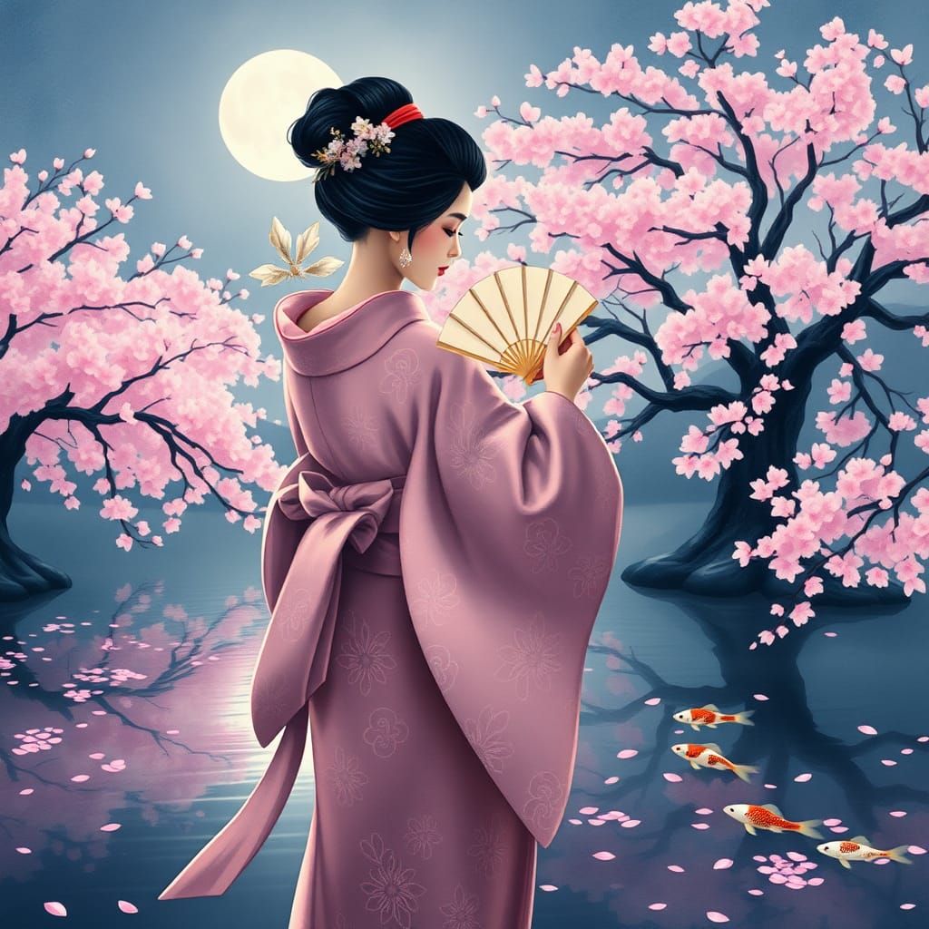 Geisha Dances Under Flower Moon in Ukiyo-e Style