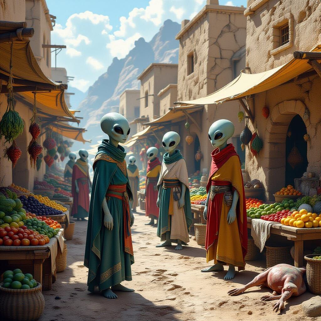 Alien Marketplace on Mysterious Planet in Photorealistic Sty...