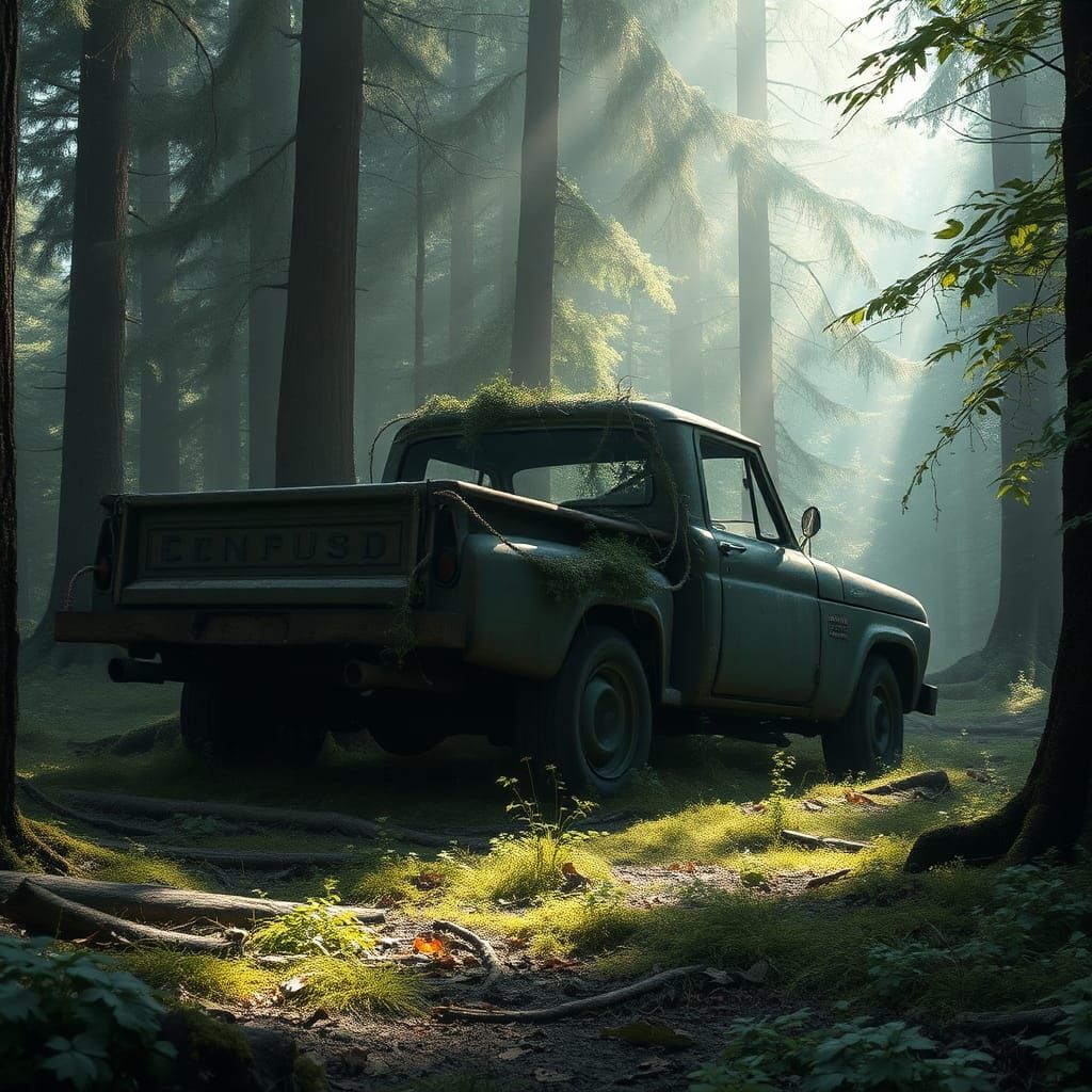 Abandoned Truck in Misty Forest, Gritty Industrial Style