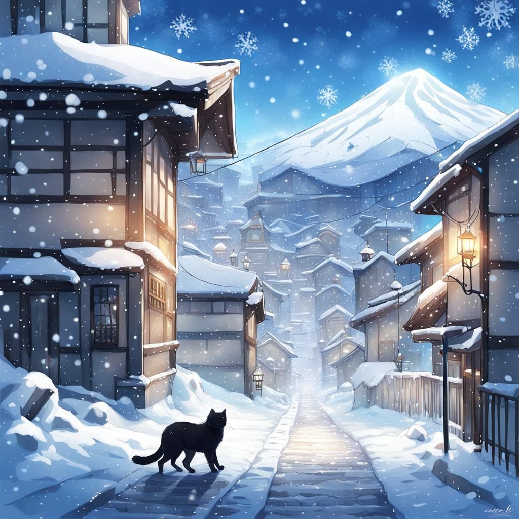 Blue Cat in Snowy Anime Landscape