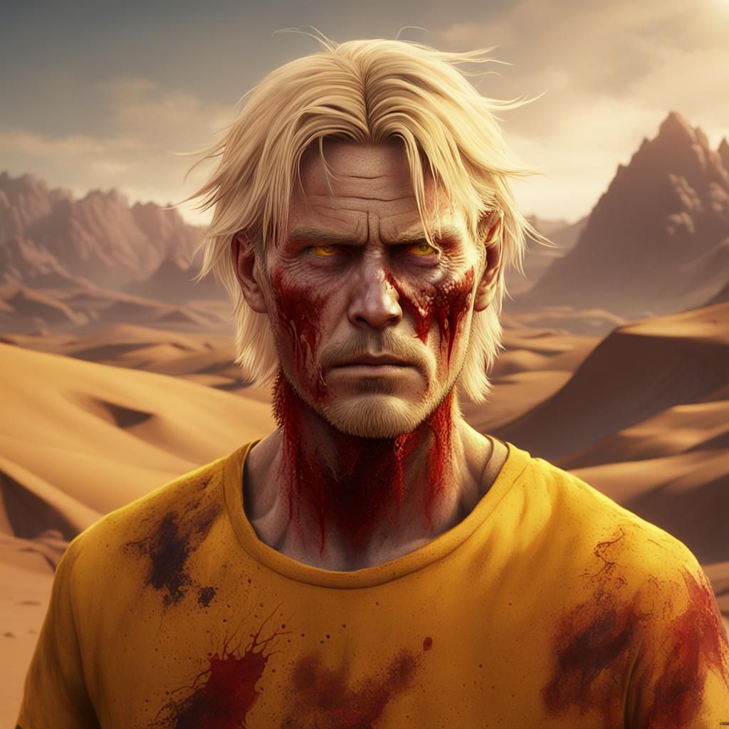 Tired Man with Bloody Face in Desert Landscape