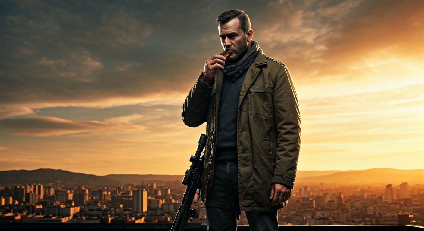 Sniper on Rooftop at Sunset: Cinematic Film Still