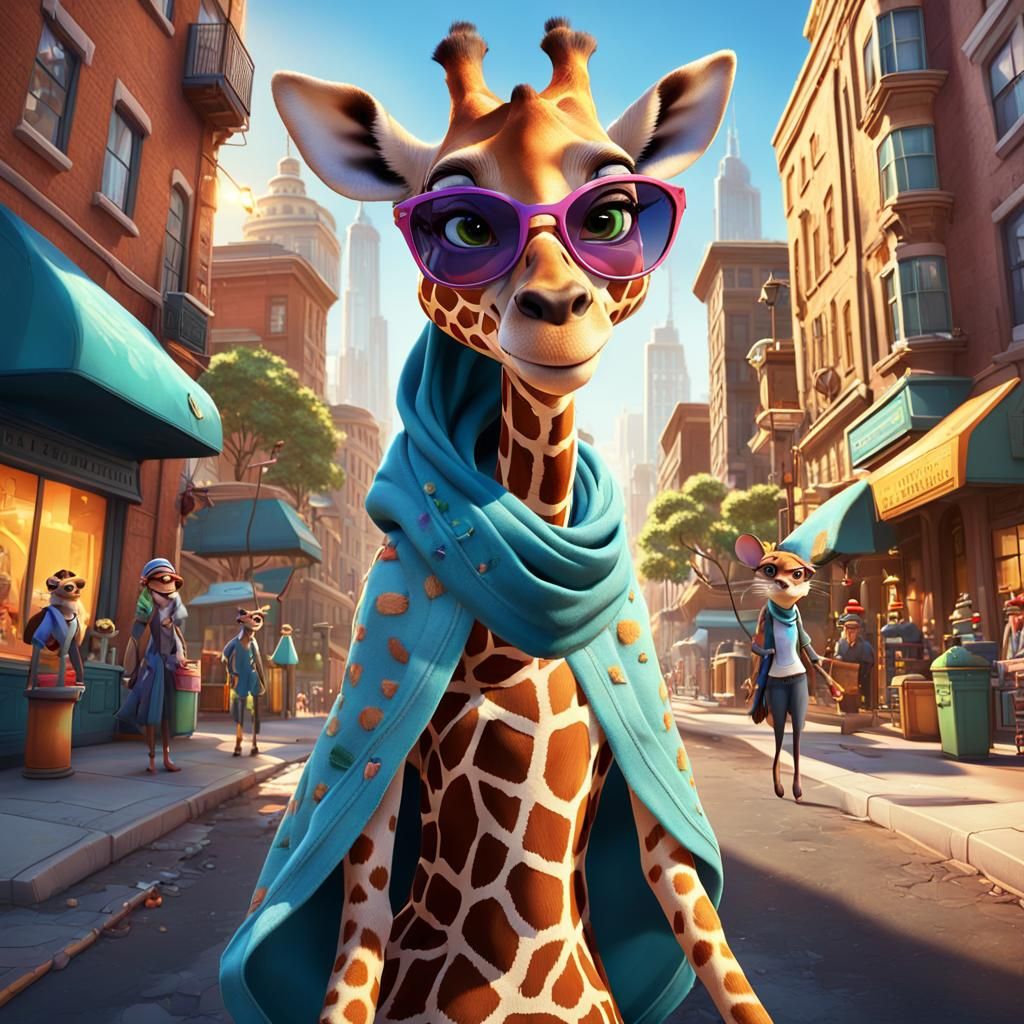 Surreal City Giraffe Struts in Zootopia Style