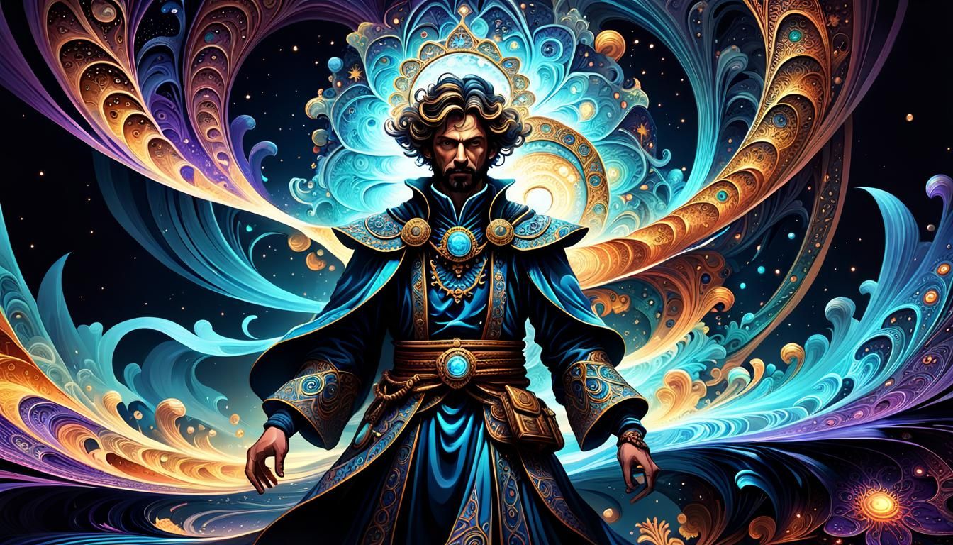 Fantasy Mage in Cosmic Abstract Illustration