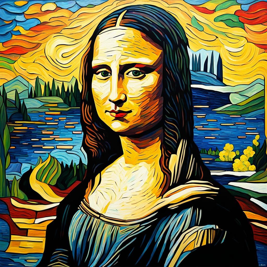 The Mona Lisa in the style of van Gogh.