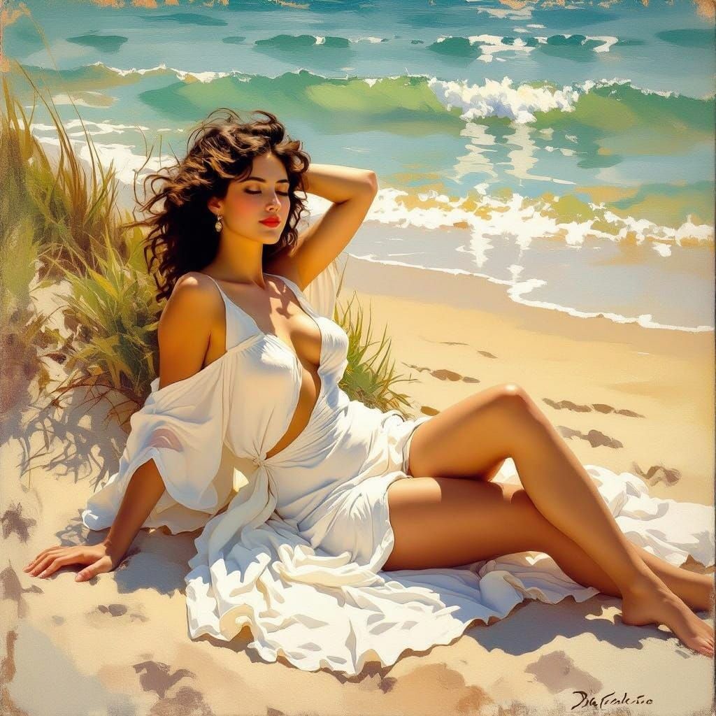 Ethereal Beach Goddess in Impressionist Style