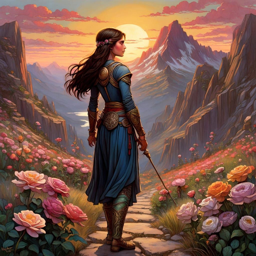 Hero in Rosy Sunset: A Fantasy Art Adventure