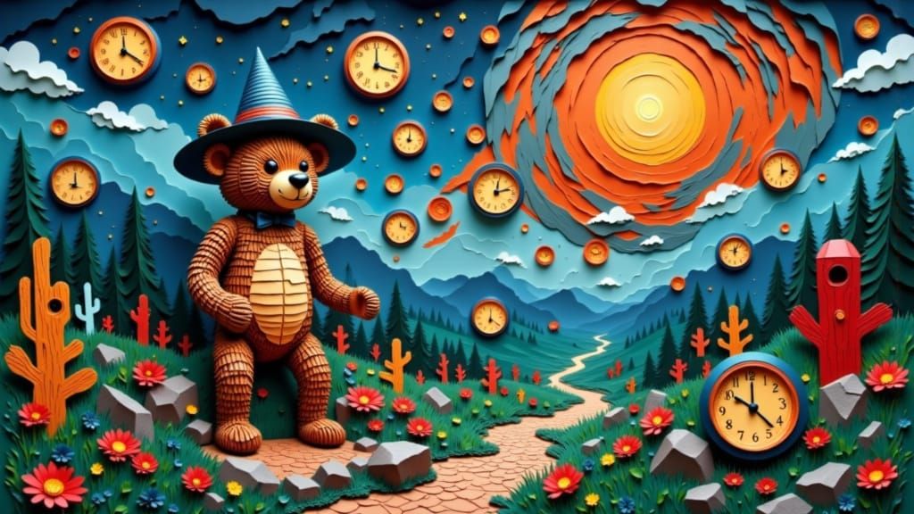 Surreal Papercut Art of a Teddy Bear in a Melting Clock Land...