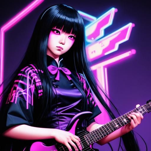Japanese Gothic Woman in Synthwave Neon Style