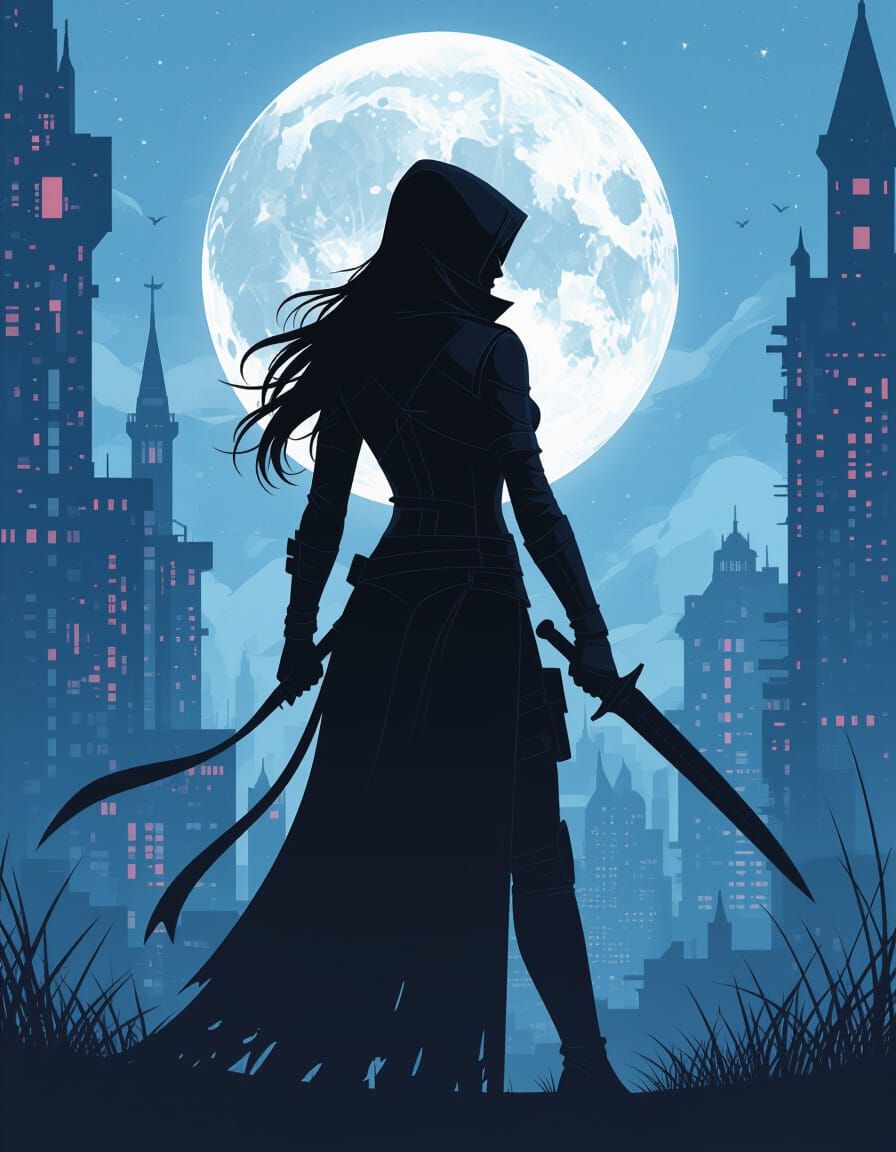 Cyberpunk Assassin Silhouette in the Night