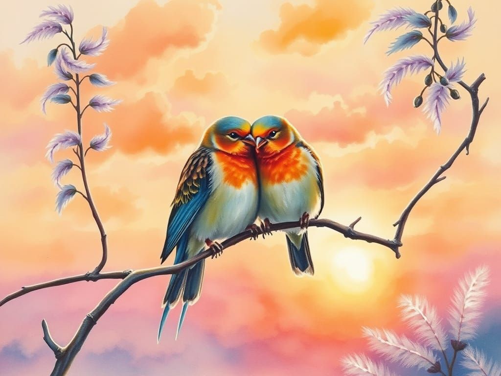 Lovebirds Cuddle in Watercolor Sunset
