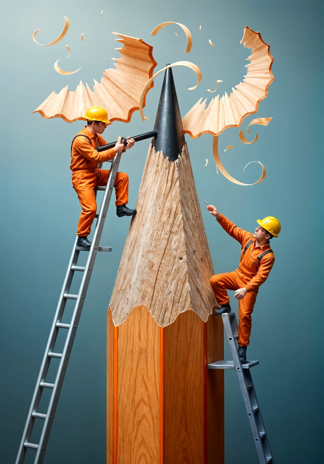 Miniature Workers Detail Giant Sharpened Pencil