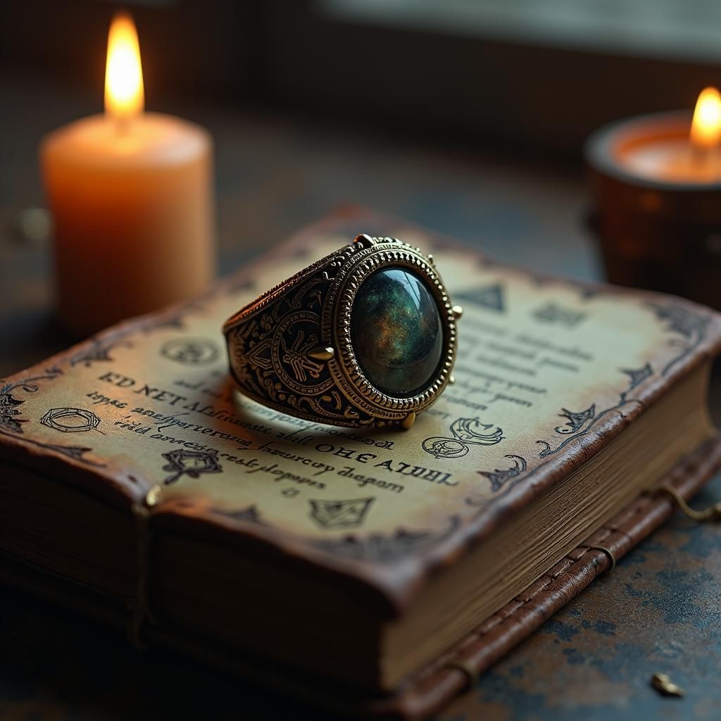Mystical Ring on Cryptic Book in Dark Fantasy Style