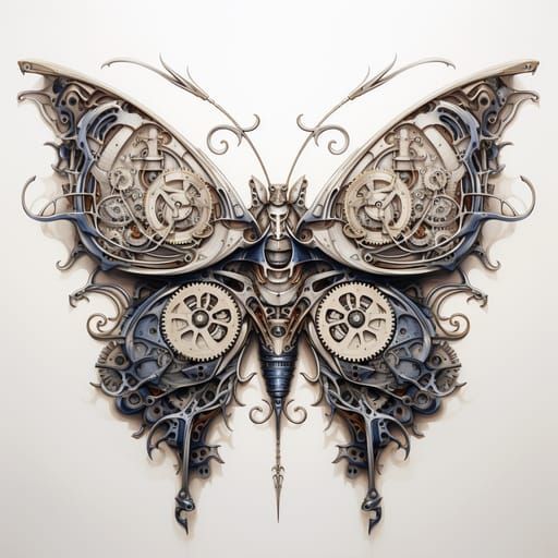 Mechanical Butterfly: Symmetrical Cog and Gear Line Art