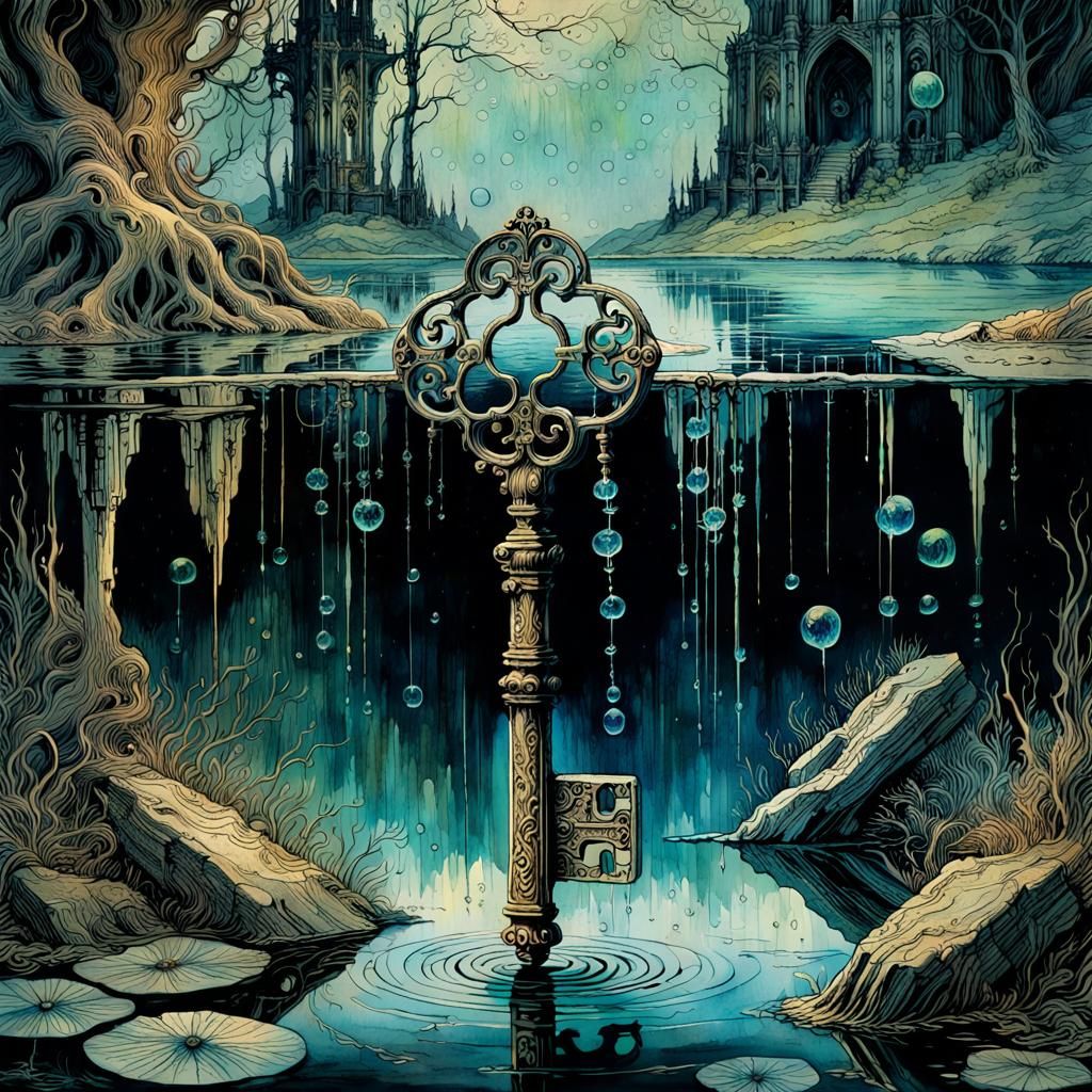 Ornate Key at Lake Bottom in Golden Age Illustration Style