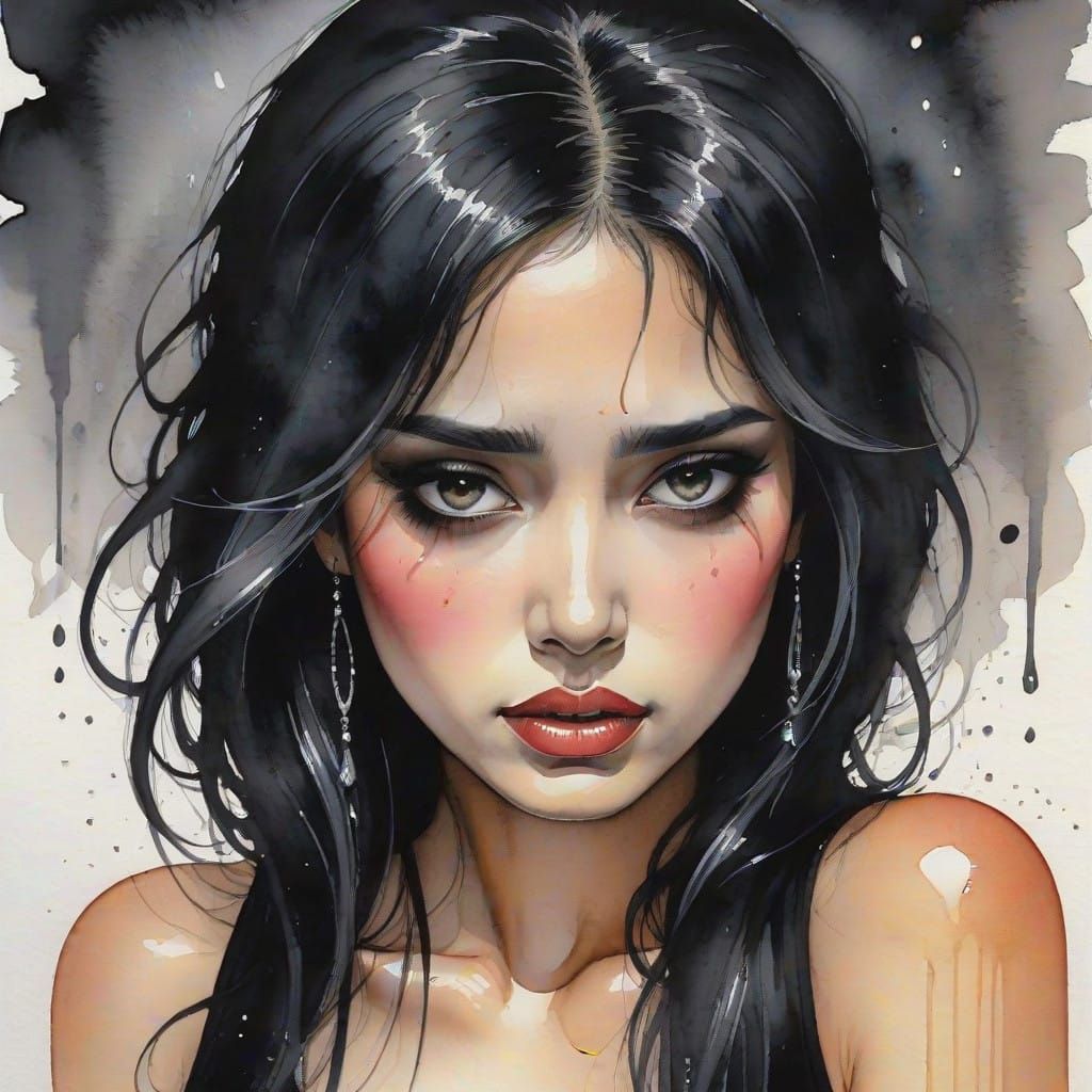 Gothic Goddess Weeps in Watercolor and Charcoal