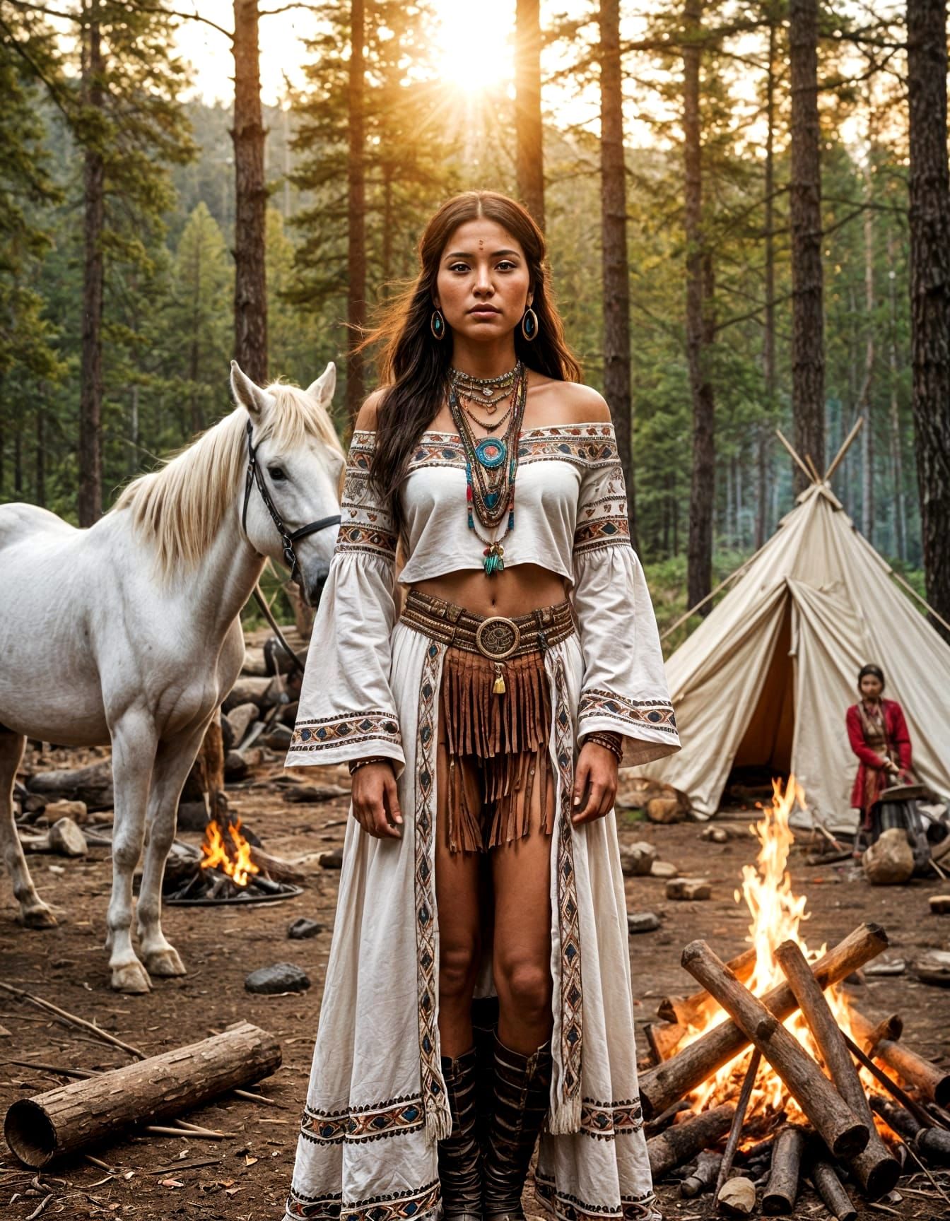 Native American Woman in Tribal Attire, Standing with Stalli...