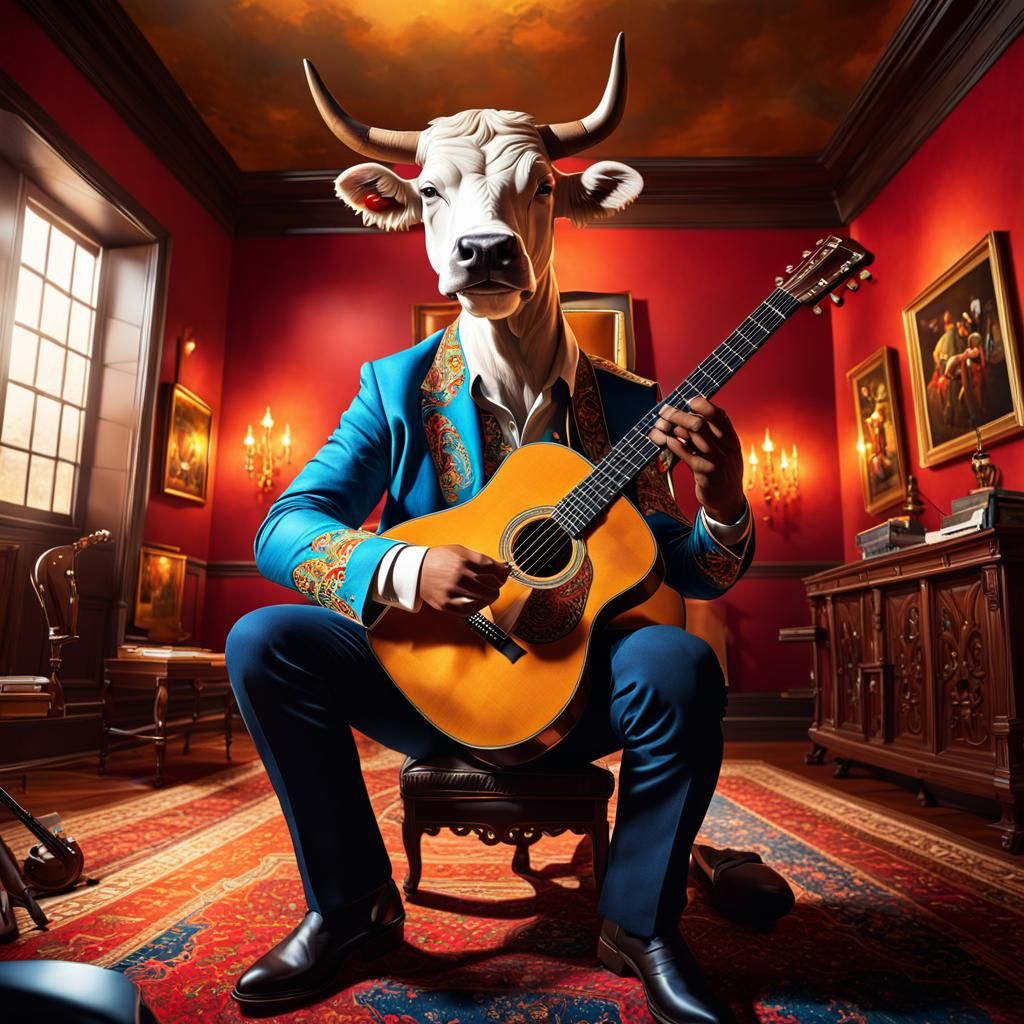 Hyperrealistic Bull Plays Guitar in Colorful Room