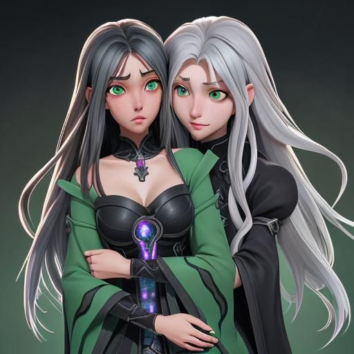 Anime Style Necromancer Hugs Woman