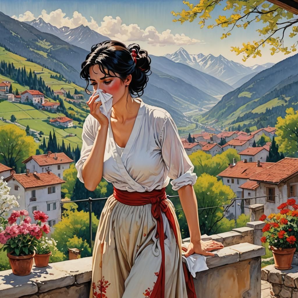 Woman with Spring Allergy in Bande Dessinés Style