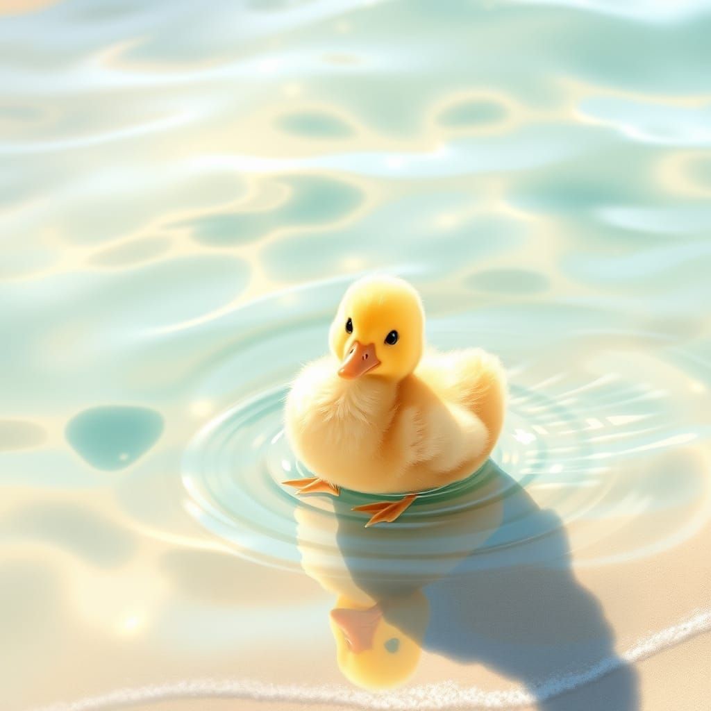 Cute Baby Duckling Paddles in Sunny Beach Water