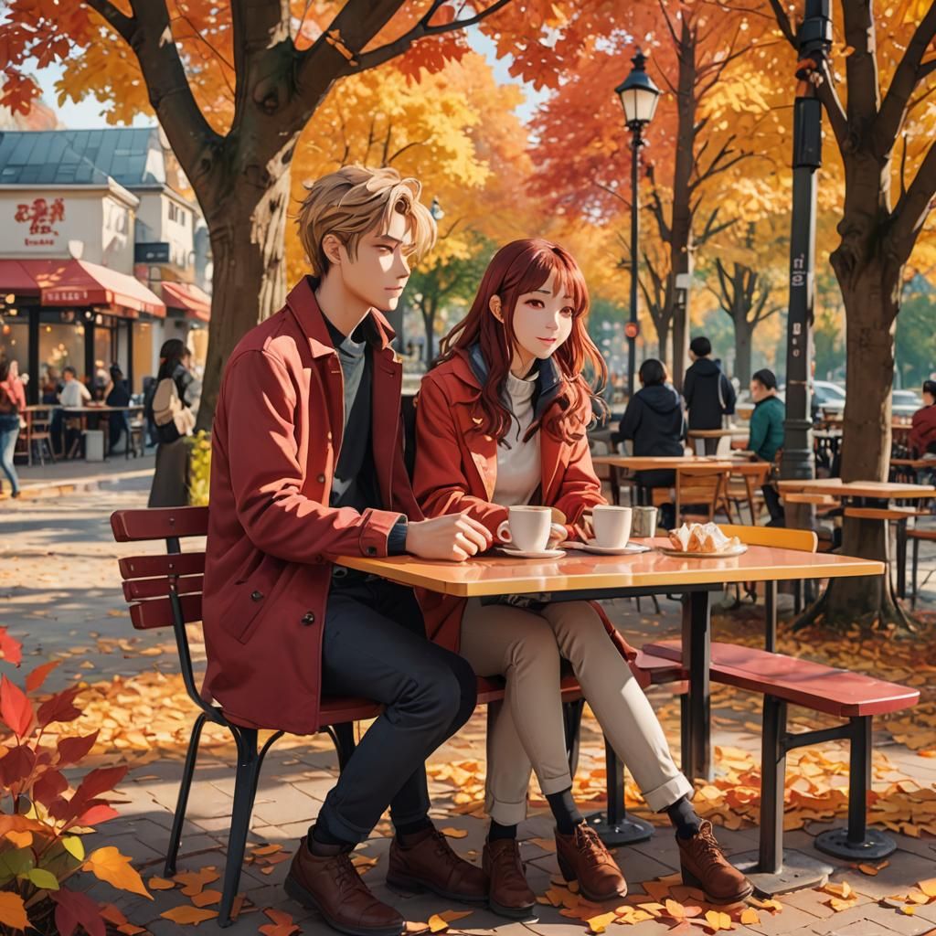 Anime Couple at Cafe in Autumn Park