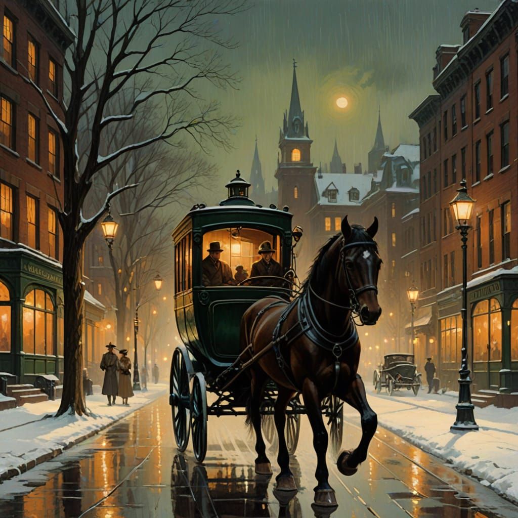 Victorian Horse Carriage in Snowy City Park Evening
