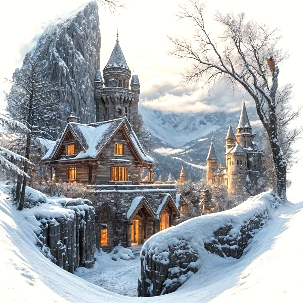Winter Castle Among Snow-Capped Peaks