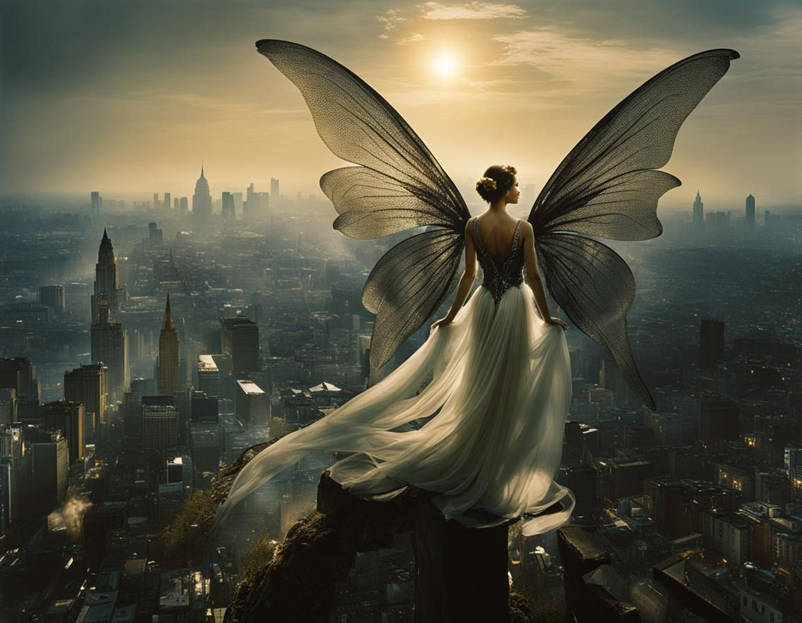 Shimmering Fairy Overlooks City in Photorealistic Style