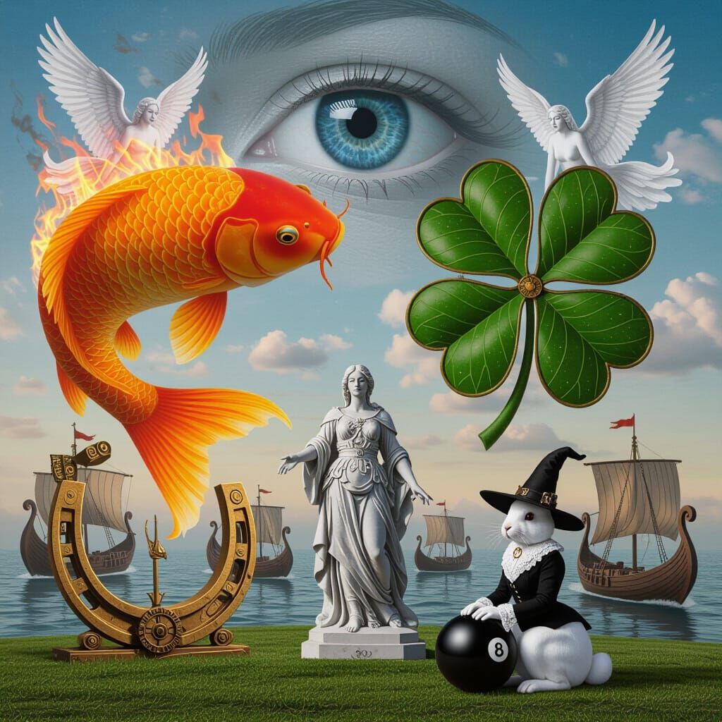 Surreal Dreamscape with Fiery Koi and Steampunk Clover