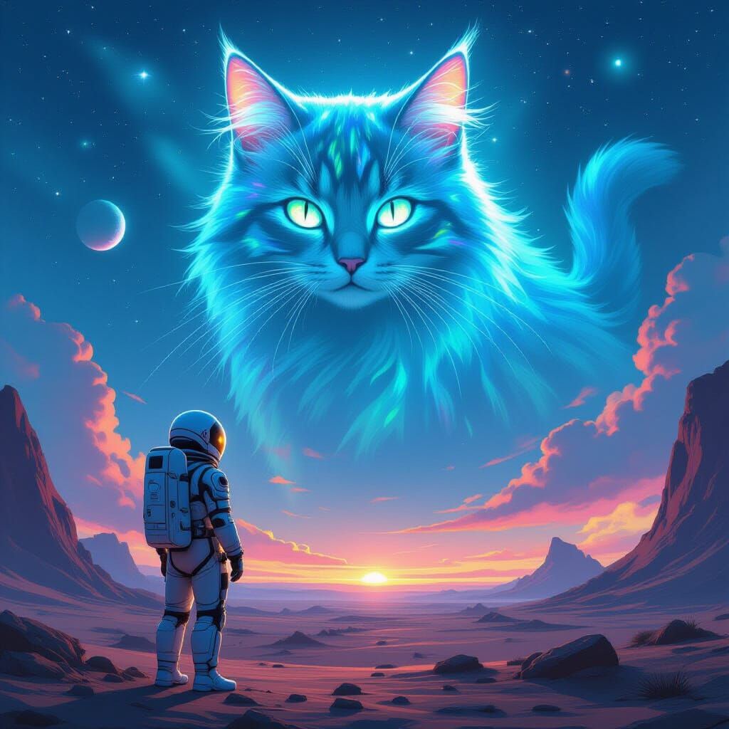 Astronaut and Bioluminescent Cat on Alien Planet