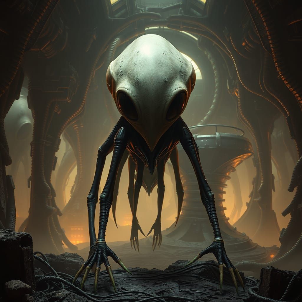 Eerie Alien Biomechanoid in Surreal Landscape