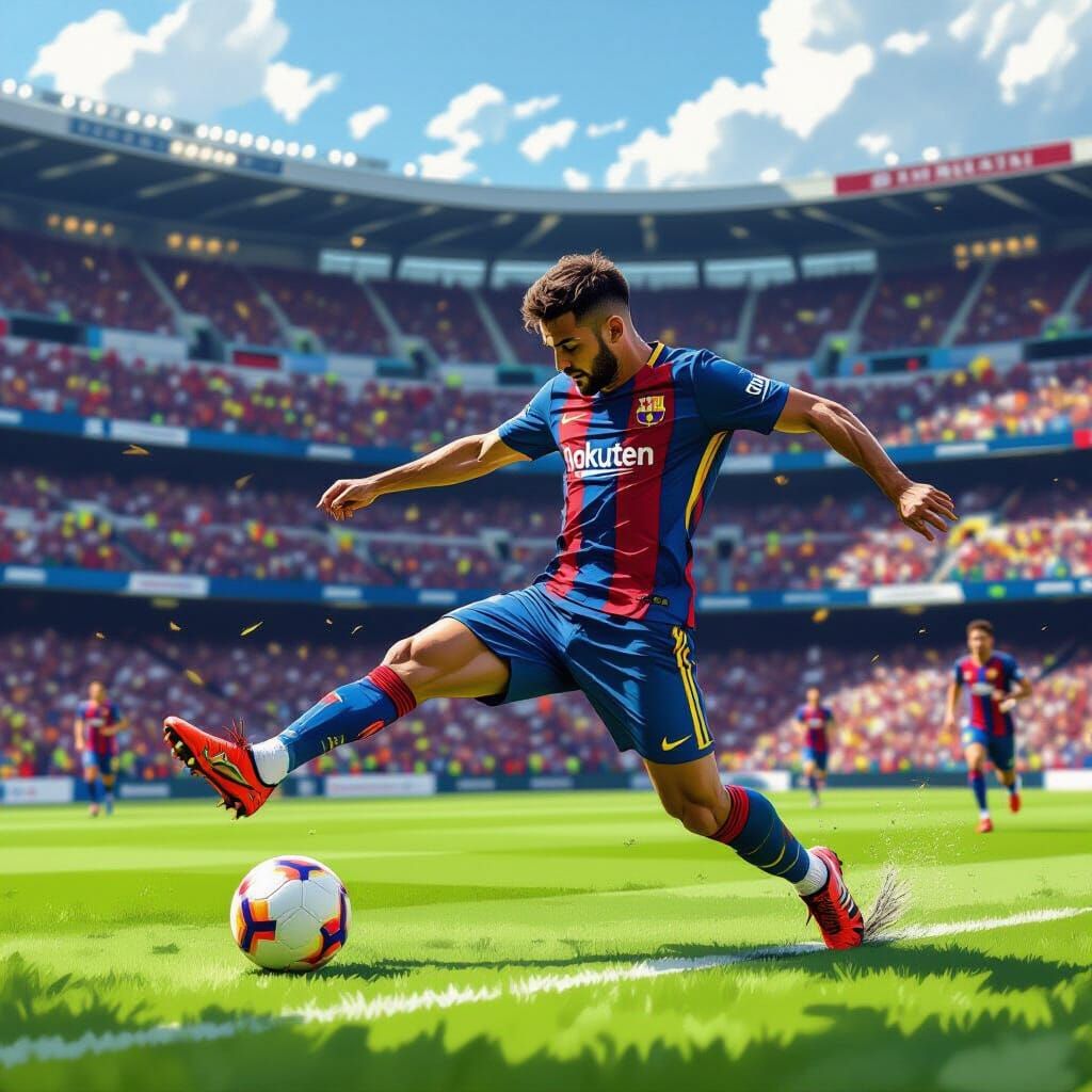 Barcelona Football Player in Stadium, Digital Painting Style